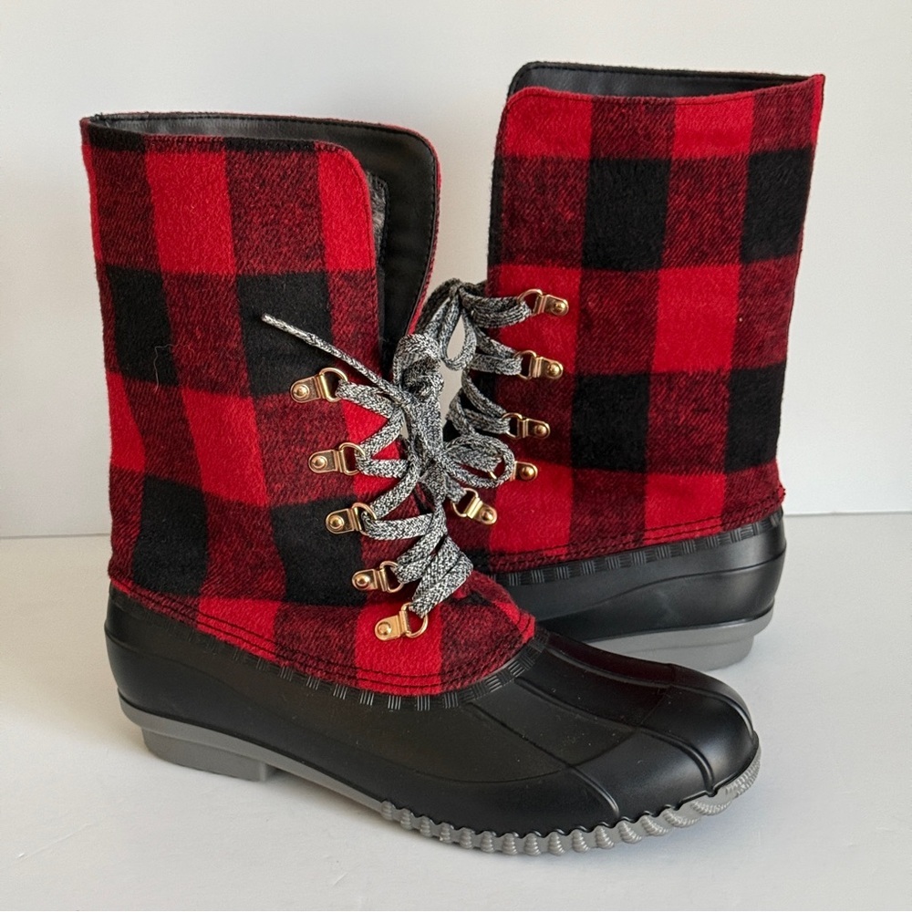 Comfort Est.1946 Red Plaid Duck Boots Faux Fur Rain Boots Size 9